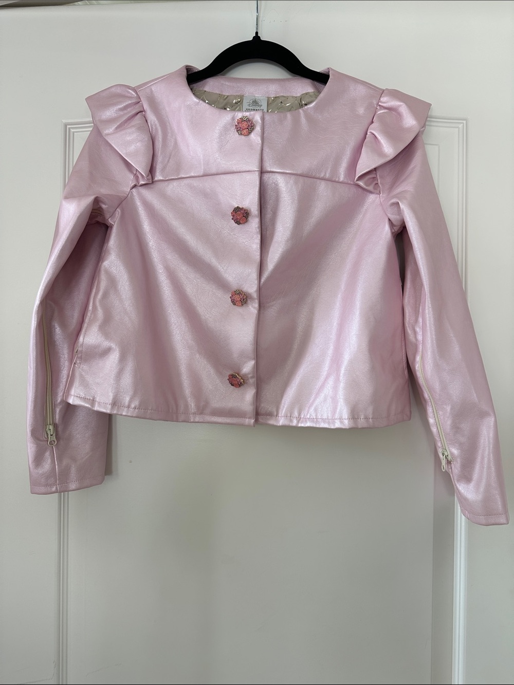 Disney Store Girls' Pink Shimmery Faux-Leather Jacket with Ruffle Shoulders